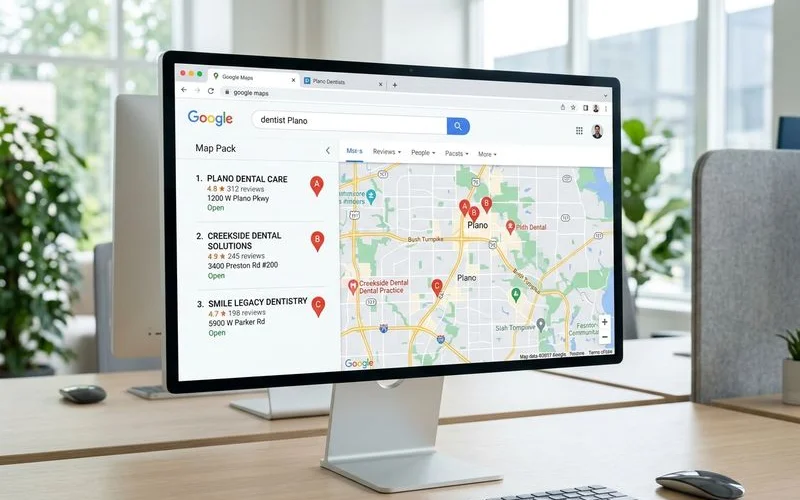 Before screenshot of Plano dental practice absent from Google Map Pack with competitors visible navy brand