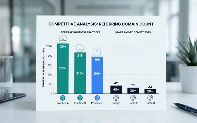 Referring domain comparison for top dental practices vs. lower-ranked competitors