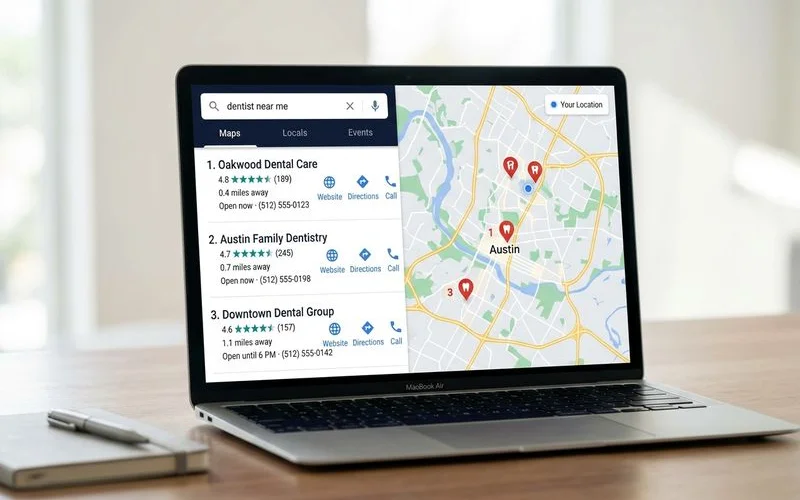Google Maps three-pack for 'dentist near me' query