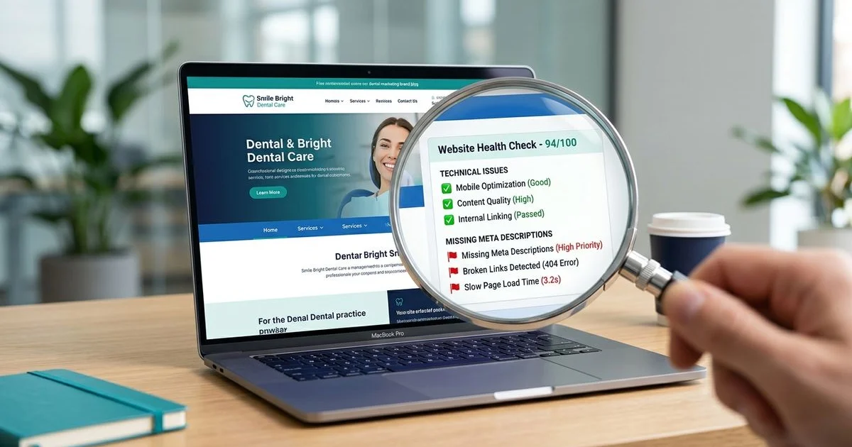 Magnifying glass over a dental website with audit findings