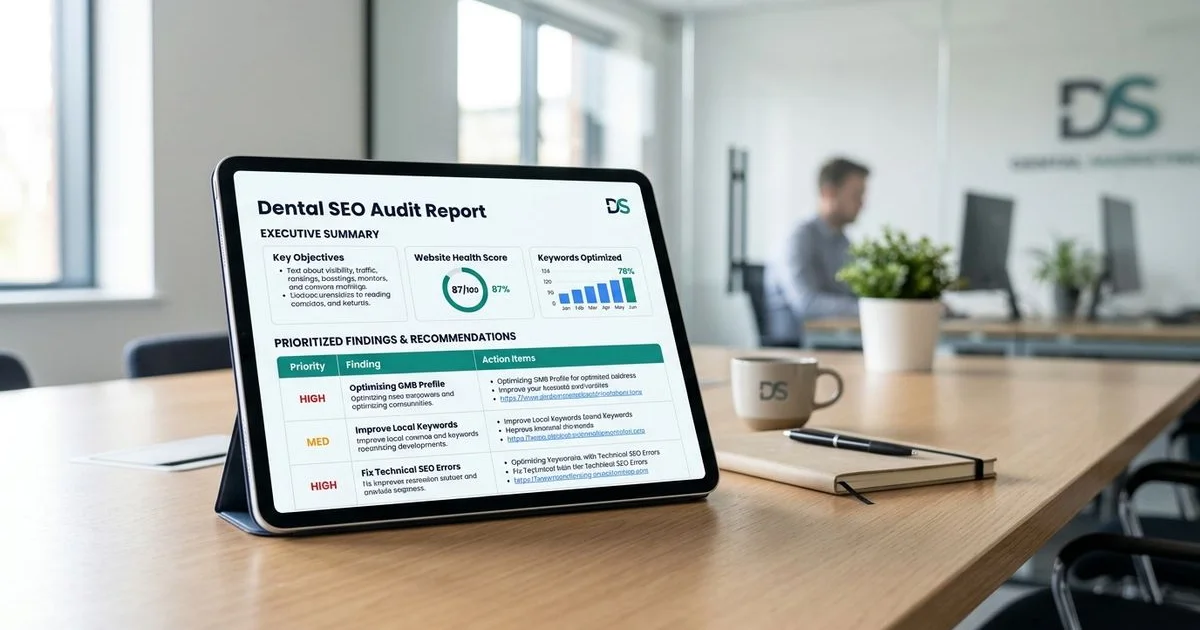 Sample dental SEO audit report on a tablet