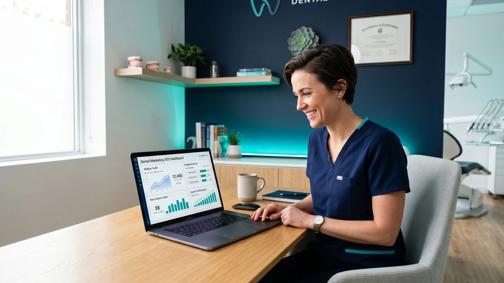 Dental practice owner reviewing SEO performance